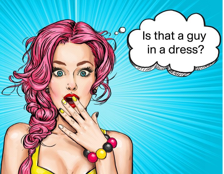A surprised woman with pink hair and colorful accessories, covering her mouth with her hand, with a speech bubble asking, 'Is that a guy in a dress?'